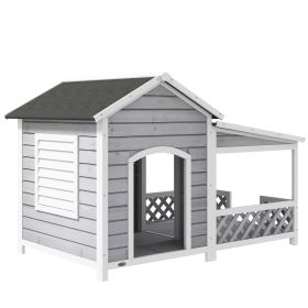 Wooden Dog House Outdoor with Porch, Cabin Style Raised Dog Shelter with Asphalt Roof, Doors, and Shutter Window, for Medium Large Sized Dog, Light G