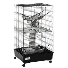 42" Ferret Cage, Small Animal Habitat Metal Pet Cage with Wheels Brakes, Hammocks, Hanging Tunnels, and 3 Doors, Black