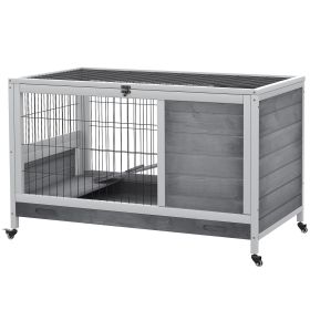 Indoor Rabbit Enclosure, Wooden Elevated Cage Habitat with Enclosed Run with Wheels - Ideal for Rabbits and Guinea Pigs
