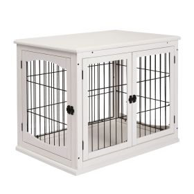 Dog Crate Furniture, 32" Small Dog Cage End Table with 2 Doors, Lockable Door, Puppy Kennel Indoor, White
