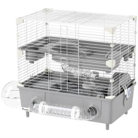 2-Tier Hamster Cage with Sand Bathroom, Running Wheel, Water Bottle, Tubes, Accessories, for Dwarf Hamster, Gray