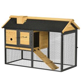 47" Wooden Rabbit Hutch Outdoor with Run, Metal Frame, 2-Story Bunny Rabbit Cage with Removable Tray, Ramp, Bunny Hutch with Space-Saving Design for