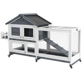 65" Wooden Rabbit Hutch, Pet Playpen with Openable Roof & Storage Box for Rabbits and Small Animals, Gray