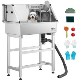 VEVOR 34 Inch Stainless Steel Dog Washing Station, Pet Grooming Tub with Hot & Cold Faucet, Showerhead, Storage Rack, No-Bend All-in-One Bathtub