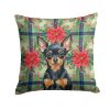 Black and Tan Russian Toy Christmas PoinsettIas Throw Pillow Decorative Indoor Outdoor Accent Cushion for Couch, Bed or Patio, 14Hx14W