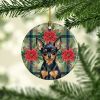 Black and Tan Russian Toy Christmas PoinsettIas Ceramic Ornament Christmas Tree Hanging Decorations for Home Christmas Holiday, Party, Gift, 3 in