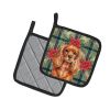 Ruby English Toy Spaniel Christmas PoinsettIas Pair of Pot Holders Pair 7.5x7.5 Quilted Insulated Hot Pads Decorative Kitchen Gift Made in USA
