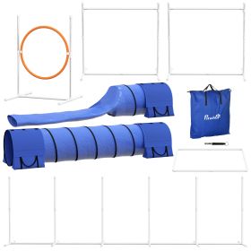 7pc Agility Training Equipment for Dogs w/ Tunnels, Weave Poles Adjustable Hurdle, Jumping Ring, Pause Box, Blue