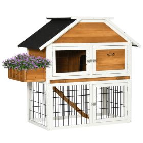 Rabbit Hutch Outdoor for 2 Rabbits, Wooden Rabbit Cage with Flower Bed, Removable Tray, Ramp