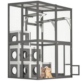 Outdoor Wooden Cat Catio - Large Solid Wood Cat Cage Playpen With 2 Jumping Platforms & 7 Napping Houses, Walk-in Cat Kennel Condo Shelter, Grey (Option: Grey)