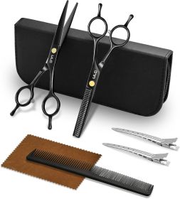 Professional Hair Cutting Scissors Set â€“ 6.5' Japanese Stainless Steel Barber Shears & Thinning Scissors with Comb (Color: Black)